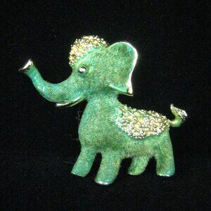 Elephant Brooch Goldtone Pin Green Flocked Faux Fur Vintage